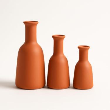 Imagem de Conjunto de Três Vasos de Cerâmica - Decoração para Sala de Estar, Ornamentos, Prateleiras e Cozinhas(Terracota)