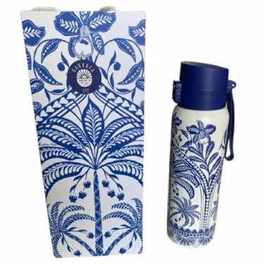 Imagem de Garrafa Térmica, Aço Inoxidável, 650ml, Tampa Hermética com Trava, Base Antiderrapante, Design Tropical, 25cm (850ml, Plantas azuis)