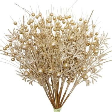 Imagem de Egolot 18 peças de palhetas e sprays de glitter de 45,7 cm para árvore de Natal e grinalda, ornamentos de caule de frutas artificiais com glitter para enchimento de Natal, ornamentos dourados para