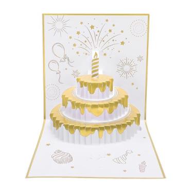 Imagem de Alomejor Cartão de Aniversário Em 3D Com Luz e Música, Fogos de Artifício de Bolo Pop -up Design Automático de Reprodução Automática para Comemoração de Aniversário Presentes (Ouro)