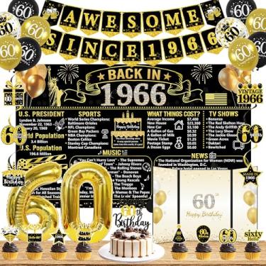 Imagem de Trgowaul Decorações de aniversário de 60 anos para homens e mulheres, 32 peças de artigos de festa de aniversário de volta em 1966, faixa de aniversário vintage em ouro preto, livro de visitas de