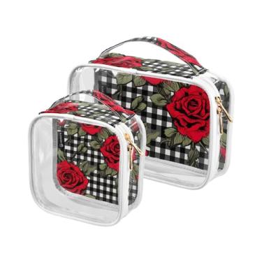 Imagem de GAIGEO Conjunto de bolsas de maquiagem azuis e folhas verdes em xadrez azul, bolsa de higiene, acessórios de viagem cosméticos, pacote com 2, Rosas vermelhas no tabuleiro xadrez preto e branco 1, one