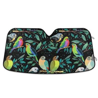 Imagem de Pássaros coloridos personalizados folhas verde preto para-sol para para-brisa de carro capa de para-brisa automotiva dobrável universal protetor solar floral M, 139,7 cm x 70,1 cm