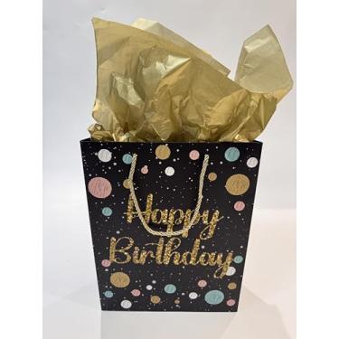 Imagem de Ssyuysto Saco de presente de aniversário de 33 cm, preto e dourado, sacos de presente de feliz aniversário com etiqueta de papel de seda dourada, bolsa de presente de festa com alças de corda dourada