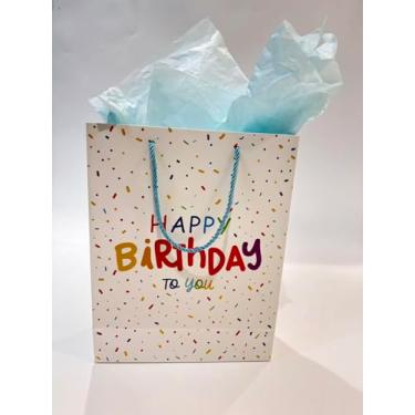 Imagem de Ssyuysto Saco de presente de aniversário de 33 cm, confetes, sacolas de presente de feliz aniversário com etiqueta de papel de seda, bolsa de presente de festa com alças de corda azul para mulheres