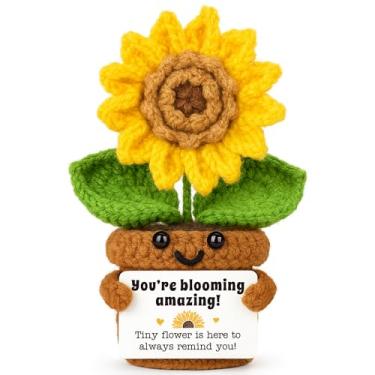 Imagem de Inspirador Emocional Positivo Apoio Feito à Mão Crochê Girassol Presentes de Aniversário para Mulheres Homens Agradecimento Incentivo Apreciação Presentes para Amigo Colega de Trabalho Irmã Professora