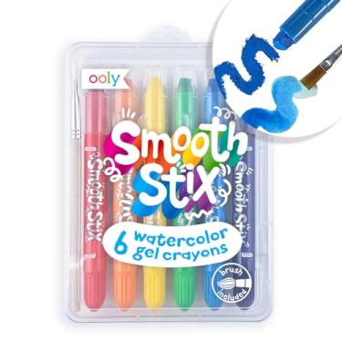 Imagem de Ooly Giz de cera Smooth Stix Gel para crianças e adultos com pincel de pintura – Conjunto de 6 cores de arco-íris aquarela para vidro e papel com capa, material de volta às aulas em gel torcido
