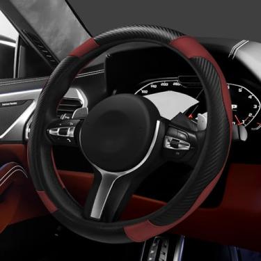 Imagem de Hovom Capa de volante de carro, capa de volante de couro de fibra de carbono estilosa para 38 cm, antiderrapante e confortável, decoração universal de acessórios internos para carro (preto + vinho