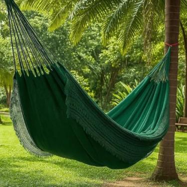 Imagem de Rede de Dormir Grande Jeans Style com Franja – Resistente para Descanso em Varanda, Jardim e Piquenique ao Ar Livre (Verde)