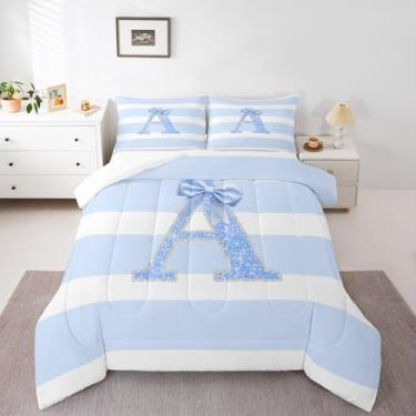 Imagem de Erosebridal Jogo de cama casal com laço azul, letra A, laço com glitter, decoração de quarto de crianças, mulheres, monograma, listras, edredom