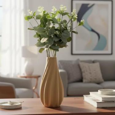 Imagem de Arranjo de Eucalipto Verde Artificial 45cm com Vaso Ondulado – Decoração Sofisticada para Casa e Escritório (Areia)