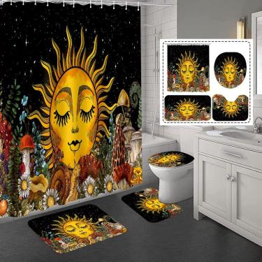 Imagem de Conjunto de cortinas de chuveiro Sun and Mushroom com tapetes de banho