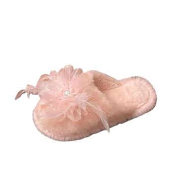Imagem de Pantufas florais femininas de sola grossa e aconchegantes com sola macia para uso no outono e inverno, rosa, 36