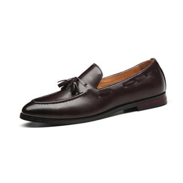 Imagem de Sapato social masculino de couro sintético slip-on com borla, mocassins, festa de casamento, moda com ponta de asa, Marrom, 41