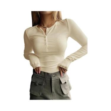 Imagem de Camiseta Casual Feminina De Manga Longa Com Textura Lisa E Botão Front