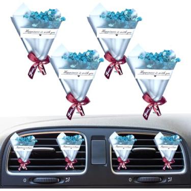 Imagem de 4 peças de buquê de flores fofas presilhas de ventilação para ambientador de carro. Mini buquê de flores secas para decoração de carro e casa clipe de ventilação automática aromatizador de ar (azul)