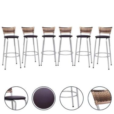 Imagem de Banco Para Balcão Alto Estrutura Prata Encosto Junco Cappuccino Ideal 