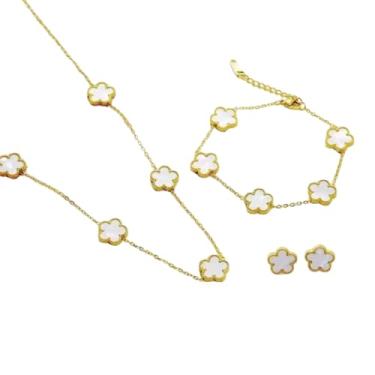 Imagem de Kit Colar Choker Pulseira Brinco Trevo Dourado Aço Inox 18k Cor Branco (Branco)