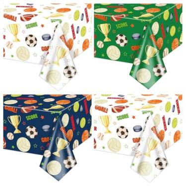 Imagem de Pacote com 4 decorações de festa de aniversário esportivas, toalha de mesa esportiva, futebol, basquete, beisebol, hóquei, softball, vôlei, para todas as decorações de festa temáticas, 130 x 213 cm