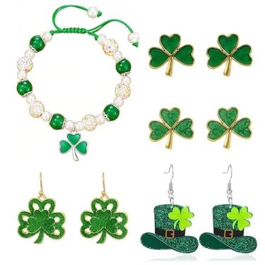 Imagem de coadipress Conjunto de 5 pares de pulseiras de brincos de Dia de São Patrício para mulheres, verde irlandês, trevo de quatro folhas, pulseira de trevo de cristal, festival irlandês, acessórios da