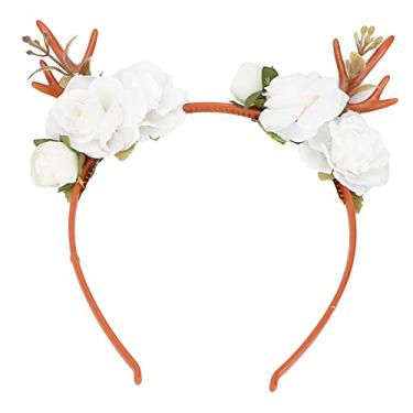 Imagem de Siwoted moda flor rena chifres bandana floral guirlanda coroa para festa cosplay casamento natal (Branca)