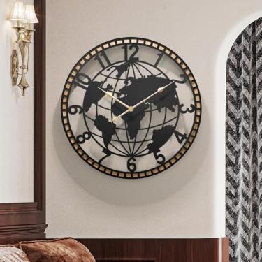 Imagem de HEBOIX Relógios de parede grandes para decoração de sala de estar, mapa-múndi grande relógio de parede redondo 61 cm ou maior com relógio de madeira para escritório, sala de estar, cozinha, decoração