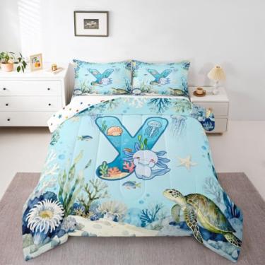 Imagem de Erosebridal Conjunto de cama casal azul com letra Y com estampa de axolote fofo, para crianças, meninos, meninas, oceano, vida marinha e monograma, conjunto de cama de salamandra