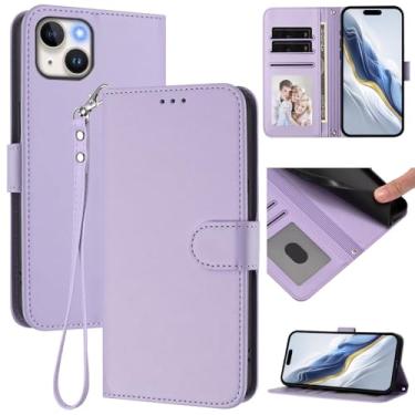 Imagem de Capa carteira para iPhone 14, carteira de couro fina com compartimentos para cartões, alça de pulso e suporte, capa protetora à prova de choque para homens e mulheres (roxo claro)