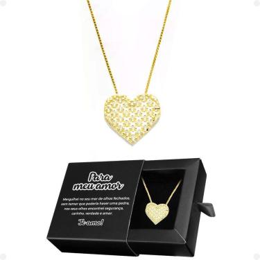 Imagem de Colar Feminino Aço Banhado + Pingente Strass Coração