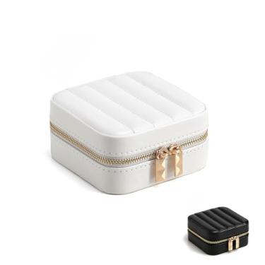 Imagem de SHELFLOVER Caixa de joias pequena, organizador de joias de viagem fácil de transportar mini caixa de armazenamento de couro PU, portátil, colar, brinco, anéis, pulseiras, branco puro