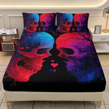 Imagem de AILONEN Jogo de lençol solteiro com caveira árvore da vida, caveira, azul, vermelho, preto, casal, gótico, esqueleto gótico, com 2 fronhas, 3 peças