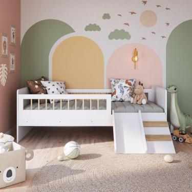 Imagem de Cama Montessoriana De Solteiro Com Escada E Escorrega Linha Affetto Aft010 - Completa Móveis Branco