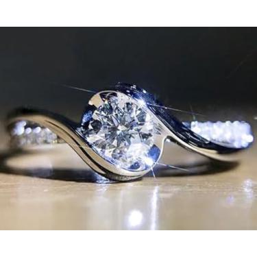 Imagem de Anéis de noivado de zircônia cúbica branca redonda banhada a prata para mulheres, alianças de casamento, presente de festa, 9, Liga de aço, Zircônia cúbica