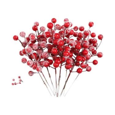 Imagem de Galhos De Frutas Vermelhas Artificiais Com Neve Para Decoração De Árvo