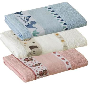 Imagem de Kit ( 3 ) Toalha de Banho KazzaVip Infantil 100% Algodão Jacquard Barr
