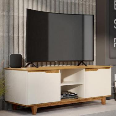 Imagem de Rack Bancada Flow 2 Portas Com Pés de Madeira Maciça - EJ Móveis, Off 