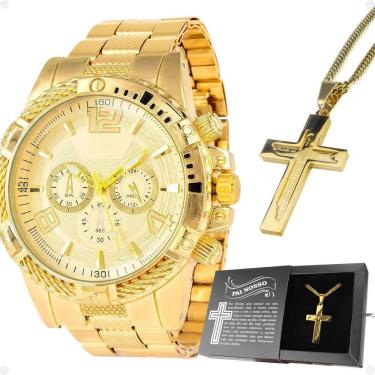Imagem de Relógio Masculino Banhado Aço + Cordão Crucifixo + Caixa