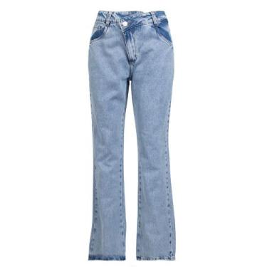 Imagem de Calça Jeans Feminina Sawary Reta Cintura Alta Azul Claro, Azul claro, 