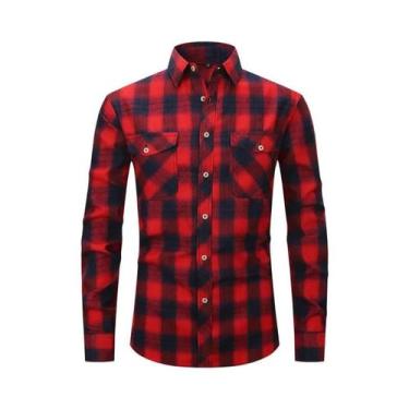 Imagem de Camisa Masculina De Manga Longa Em Algodão Escovado Xadrez Vermelho Eu