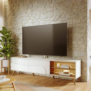 Imagem de Rack para Tv 75 Polegadas com Led Pés em Madeira Maciça Amalfi Off White Matte / Freijó