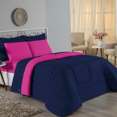 Imagem de Kit Edredom Dupla Face + Jogo De Lençol Solteiro Nobre 4 Peças Malha 100% Algodão - Azul-marinho / Pink