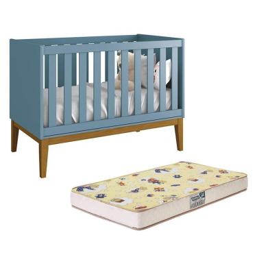 Imagem de Berço Mini Cama Classic Azul Fosco Com Pés Amadeirado E Colchão Supreme - Reller Móveis Azul Fosco