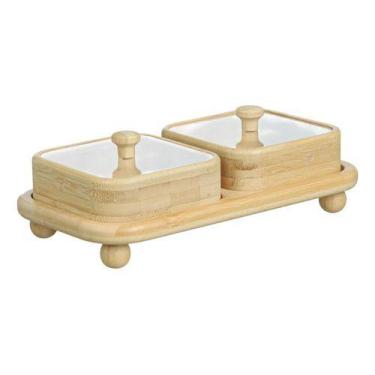 Imagem de Petisqueira Bambu 2 Potes Bowl Servir Aperitivos Frios Queijos Doces M