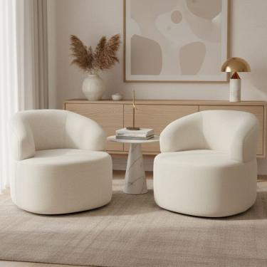 Imagem de Kit 02 Poltronas Giratória Orgânica Para Sala de Estar Living Helena L02 Linho Champagn...