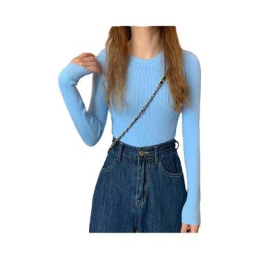 Imagem de Suéter Feminino De Tricô Manga Longa Gola O Moda Outono Inverno Básico