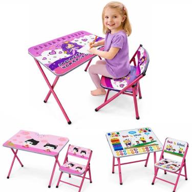Imagem de Mesa Infantil com Cadeira Dobrável Kit Educativo para Estudos e Lanche Rosa Yeet