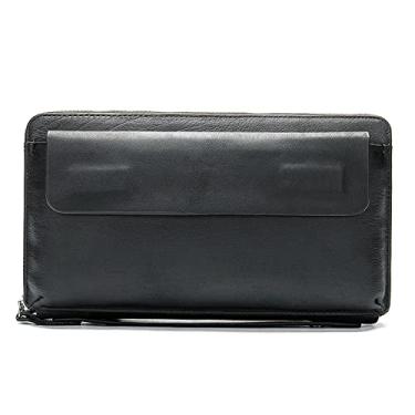 Imagem de Carteiras masculinas, carteiras com bloqueio de RFID, bolsas longas de couro, bolsas de couro para celular, carteiras de couro retrô de primeira camada - preto