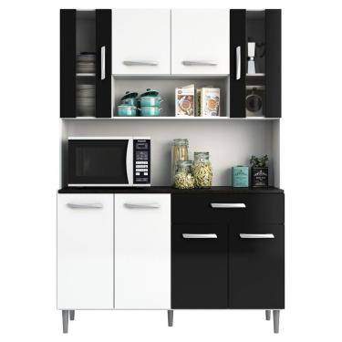 Imagem de Kit Cozinha Gabi 8 Portas 1 Gaveta Branco Preto Poliman Móveis