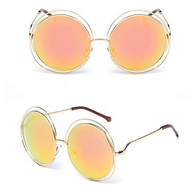 Imagem de Vintage redondo tamanho grande lente espelho óculos de sol feminino designer armação de metal senhora óculos de sol senhora, 7, ouro, vermelho, outros