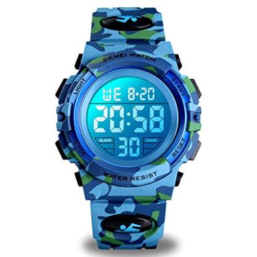 Imagem de Relógio digital esportivo infantil para meninos e meninas, à prova d'água, casual, eletrônico, analógico, quartzo, 7 relógios de LED coloridos com alarme, cronômetro, pulseira de silicone, pulseiras luminosas, Camuflagem azul claro, 1.69 Inch, Digital